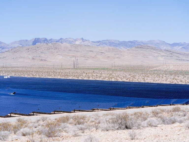 Utility-scale solar panels across a desert landscape below dry mountains